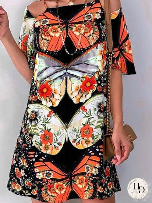 Butterfly Print Cutout Short Sleeve Dress for Women