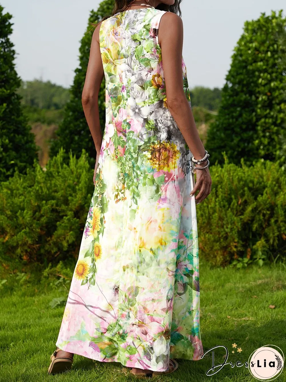 Sleeveless Floral V Neck Dresses