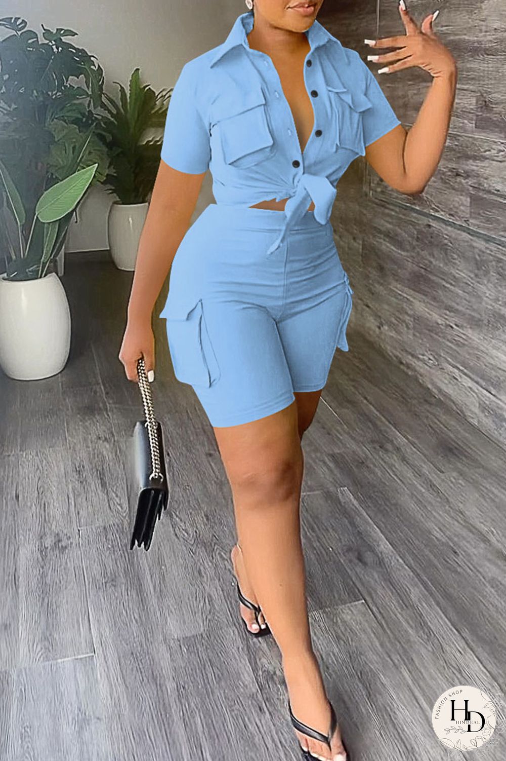 Khaki Casual Solid Bandage Patchwork Pocket Buckle Turndown Collar Short Sleeve Two Pieces