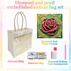 Green Background Rose DIY Linen Diamond Art Painting Tote Bag for Adults