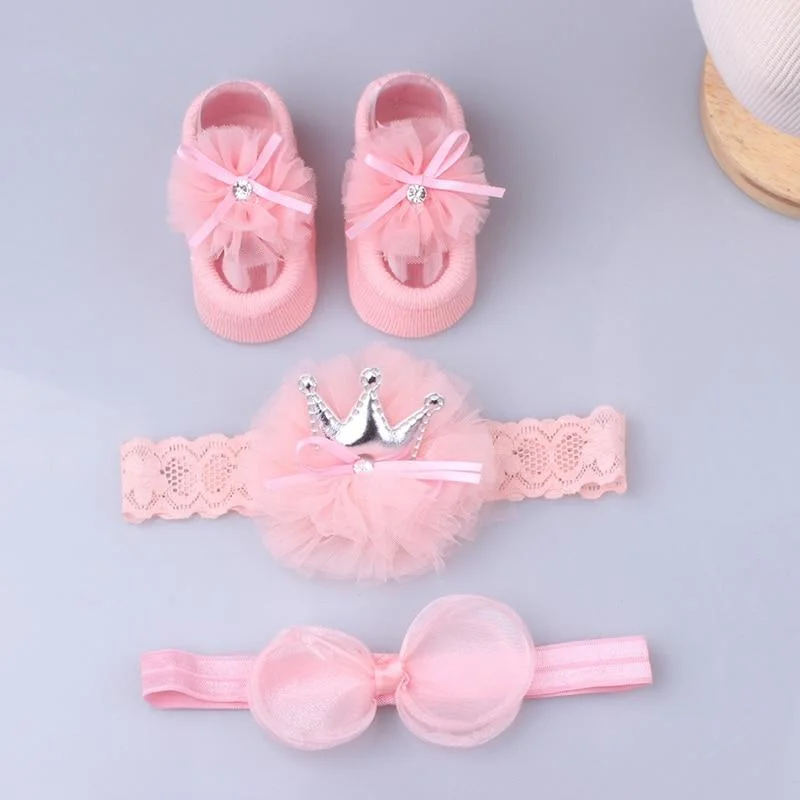 3Pcs/Set Lace Flower Baby Girl Headband Socks Set Crown Bows Newborn Hairband Headbands For Girls Turban Baby Hair Accessories