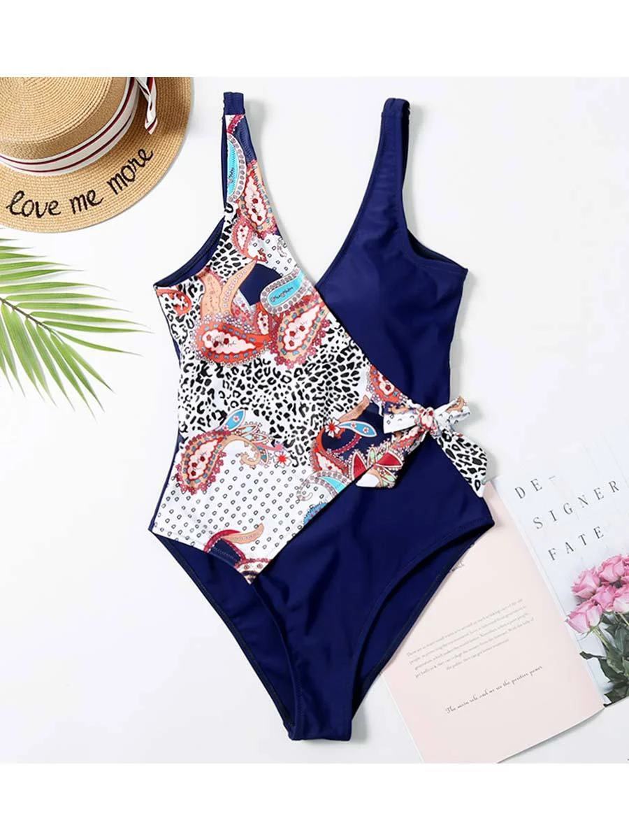 Women Swimsuit Printed Onepiece Bikini With Bow