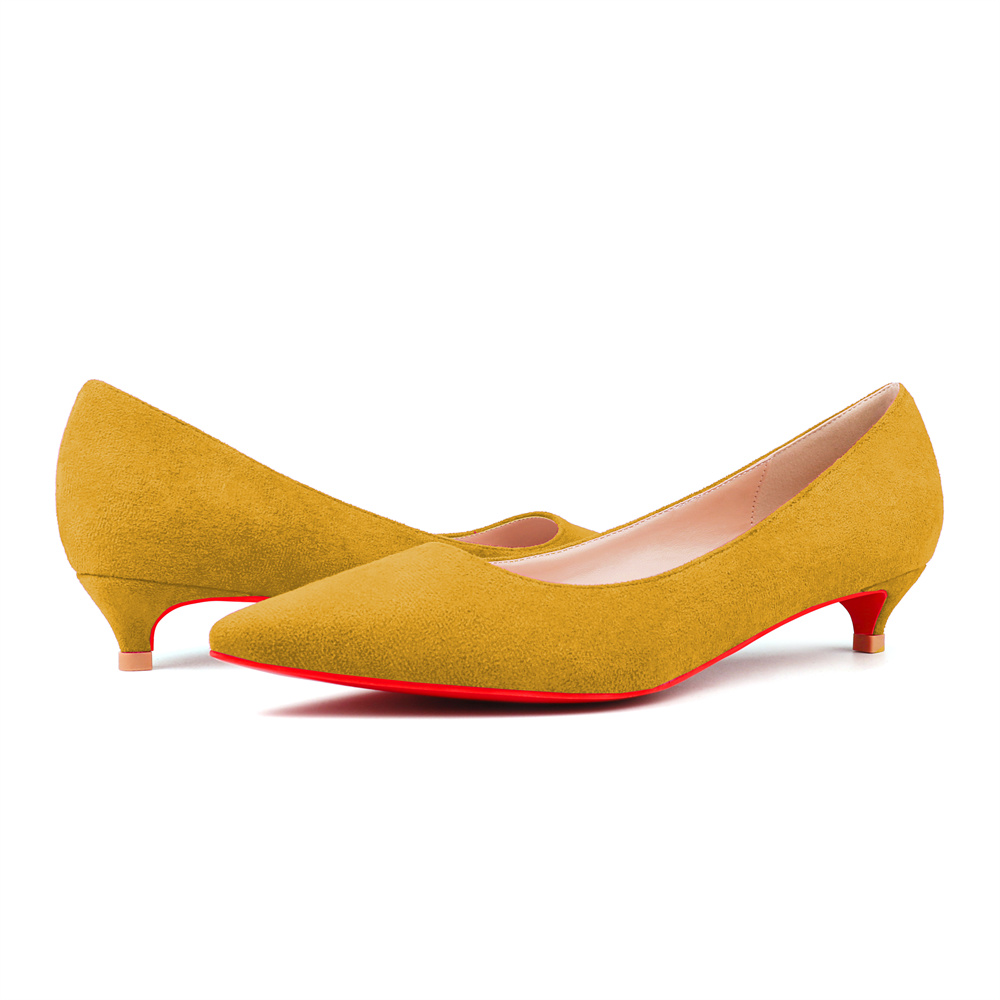 30mm Pointed Toe Red Bottom Kitten Heels Slip On Daily Office Comfortable Suede Pumps for Women-MERUMOTE