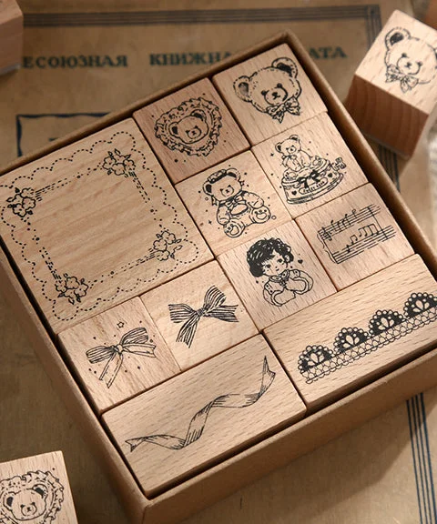 11 Pcs Teddy Bear Vintage Wooden Rubber Stamps Set