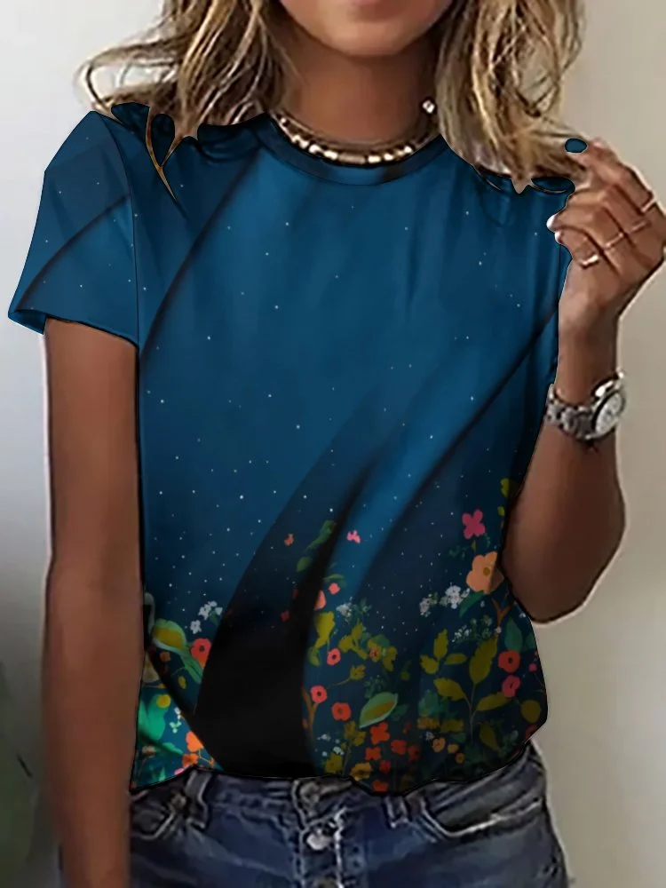 Printed Short Sleeve Casual T-shirt for  Women and Men Unisex Pattern Floral, Dark Blue, Pink