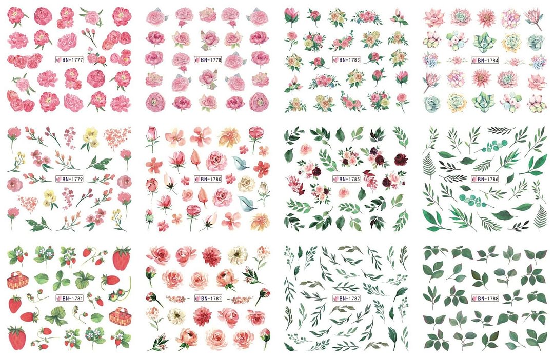 Nail Stickers 12Pcs/Set Water Transfer Flowers Leafs Designs Nail Decal Decoration Tips For Beauty Salons