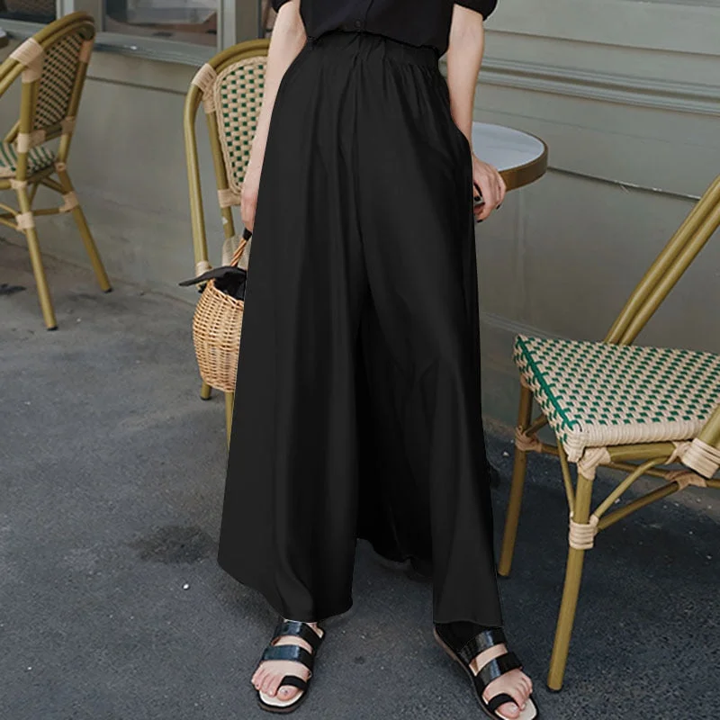 ZANZEA Spring Trousers Stylish Women 2022 Casual Elastic Waist Long Solid Wide Leg Pants Female Streetwear  Pantalon