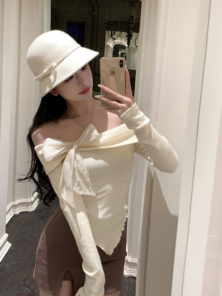 Gyaru Sexy Sweet Off Shoulder Sweater Autumn 2024 Women Slash Neck Bow Irregular Top French Elegance Long Sleeve Slim Pullover
