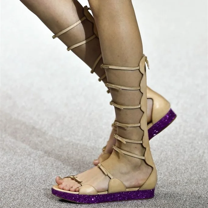Women's Khaki Buckle Open Toe Hollow Out Flats Gladiator Sandals |FSJ Shoes