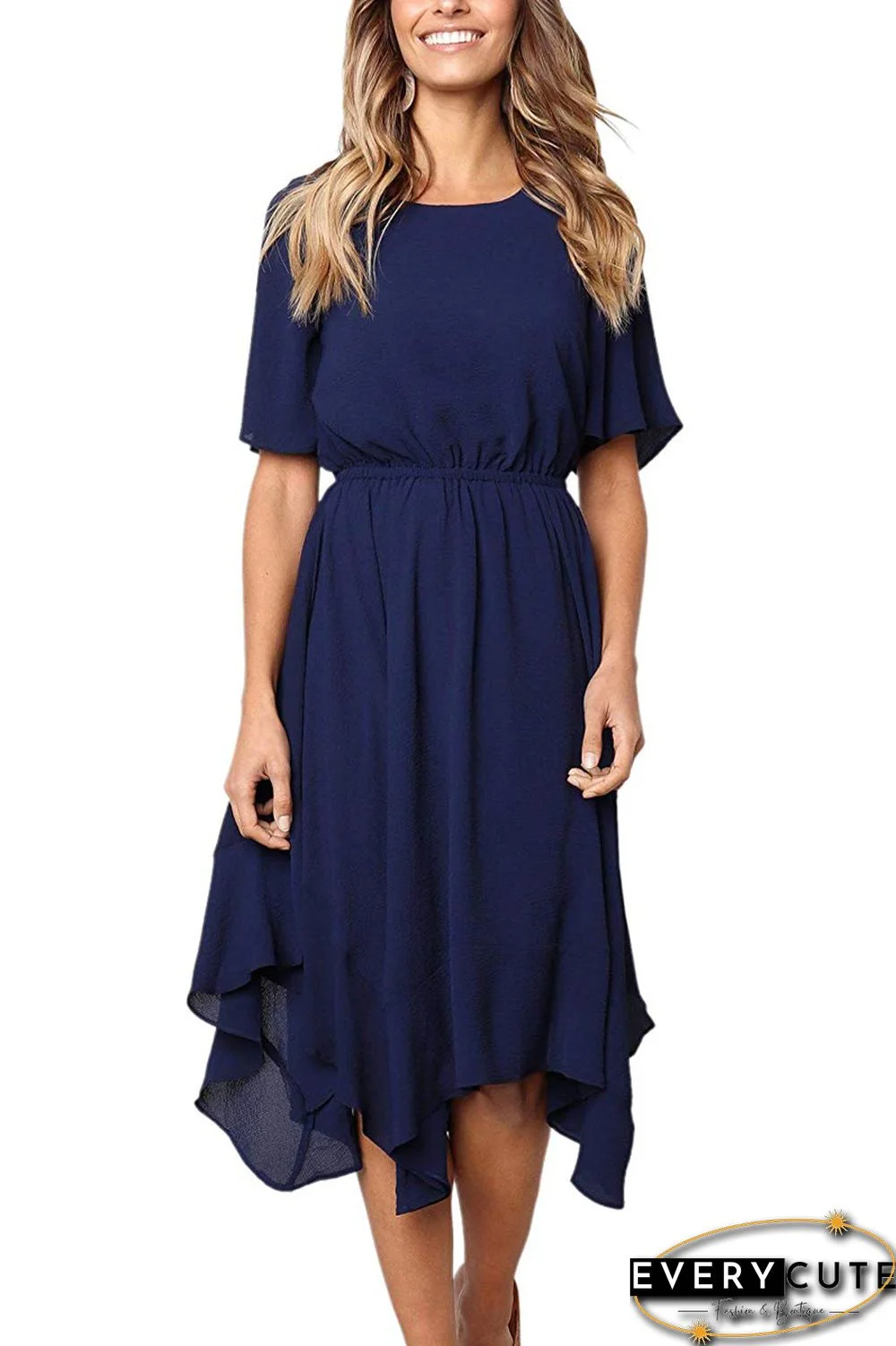 Blue Chiffon Irregular Hem Short Sleeve Pleated Dress