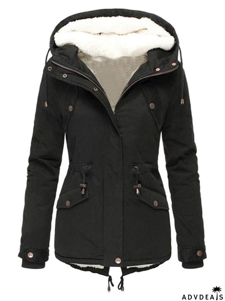 Cozy Fur Lining Full Zipper Waist Drawstring Pocket Hooded Coat