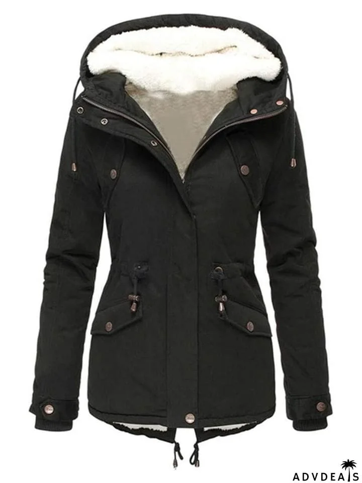 Cozy Fur Lining Full Zipper Waist Drawstring Pocket Hooded Coat