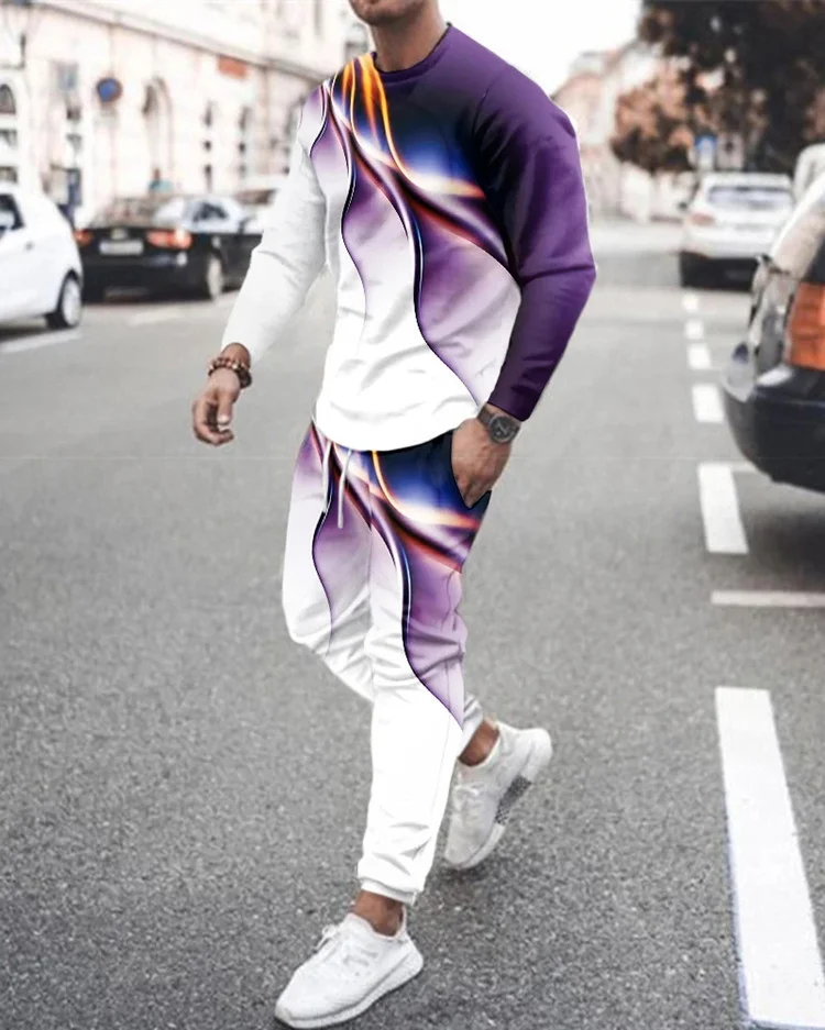 Men's casual color matching long-sleeved sports set 001
