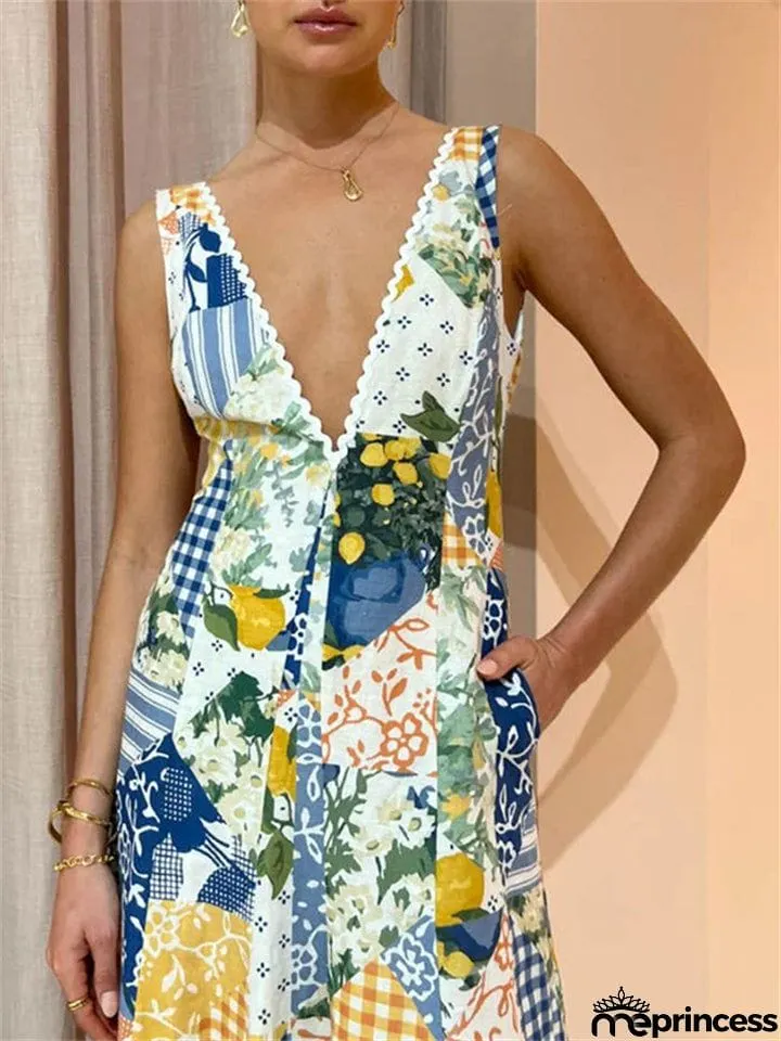 Women's Sunny Sexy Deep V Neck Backless Special Print Long Dress