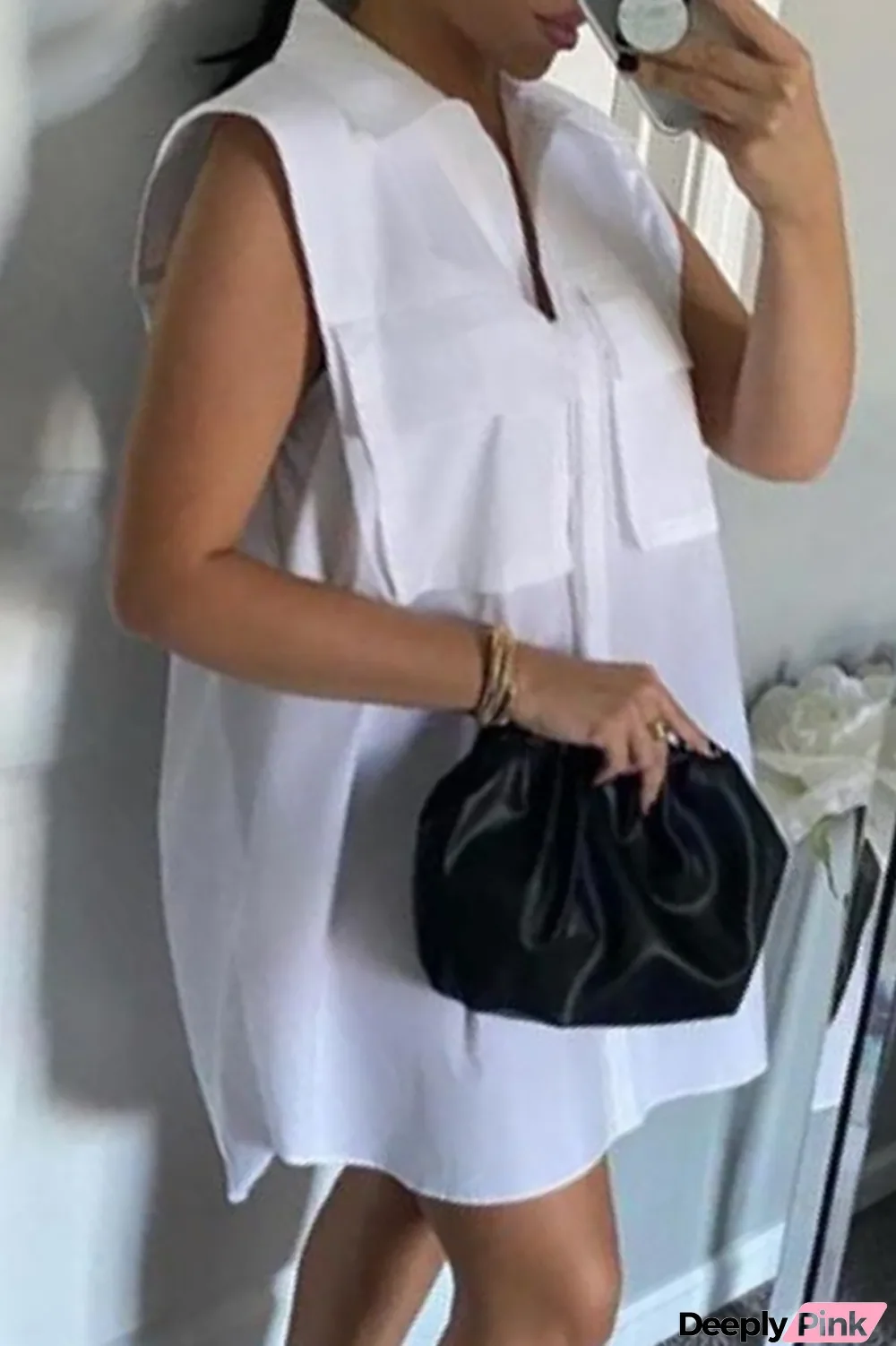White Fashion Casual Solid Basic Turndown Collar Sleeveless Shirt Dress