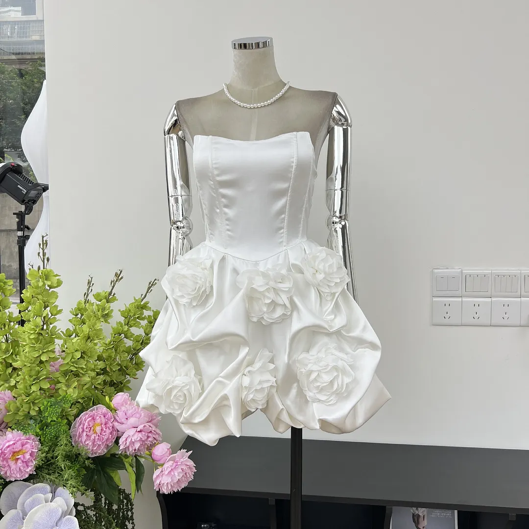 Brownm Fashion Age Reduction Breast-Wearing Noodle Bubble Dress Famous Gold Three-Dimensional Flower Party Dress