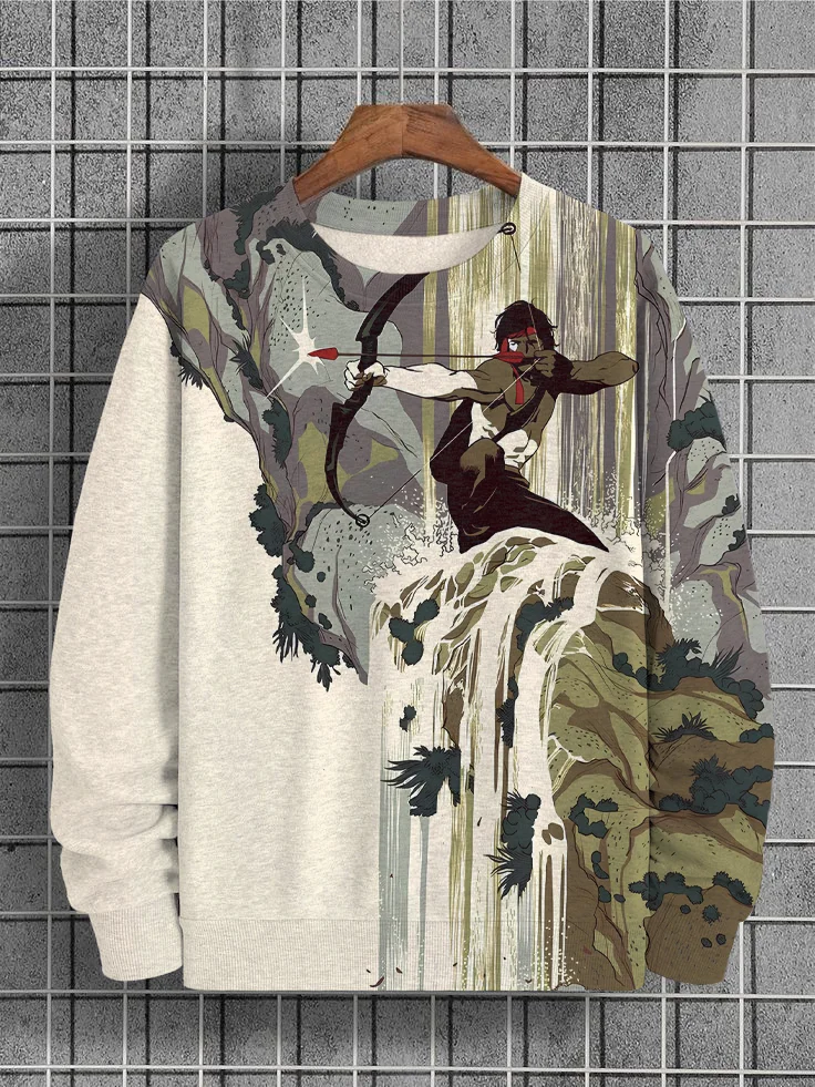 Men's Cliff Waterfall Scenery Archery Print Casual Sweatshirt