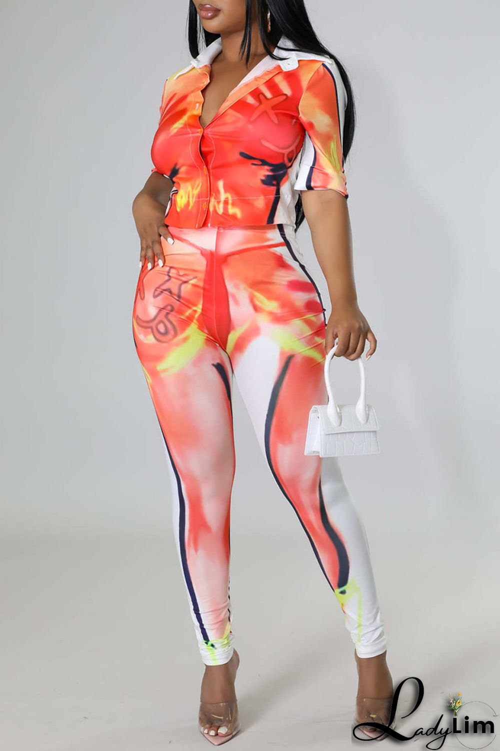 Rose Red Sexy Print Split Joint Buckle Turndown Collar Half Sleeve Two Pieces