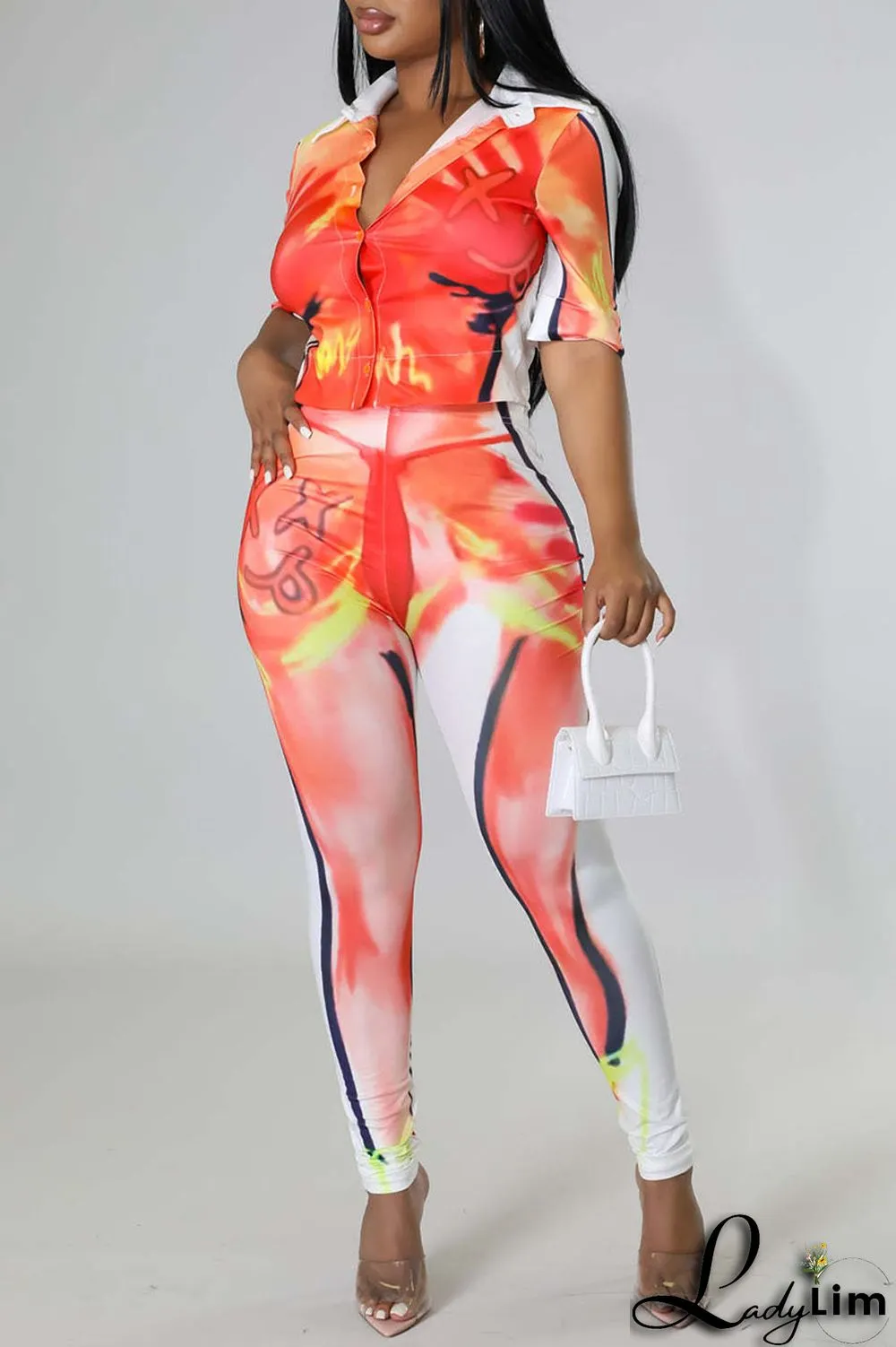 Rose Red Sexy Print Split Joint Buckle Turndown Collar Half Sleeve Two Pieces