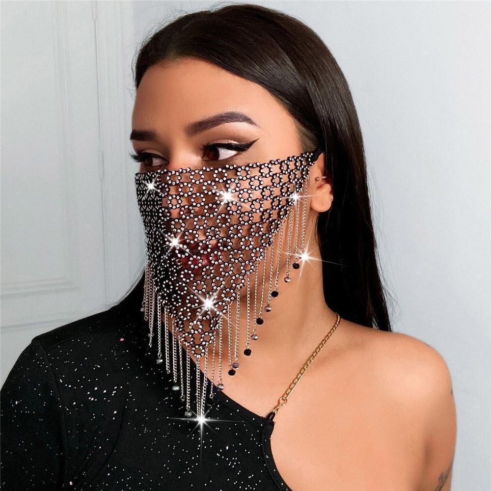 Women triangle rhinestone mask with fringe
