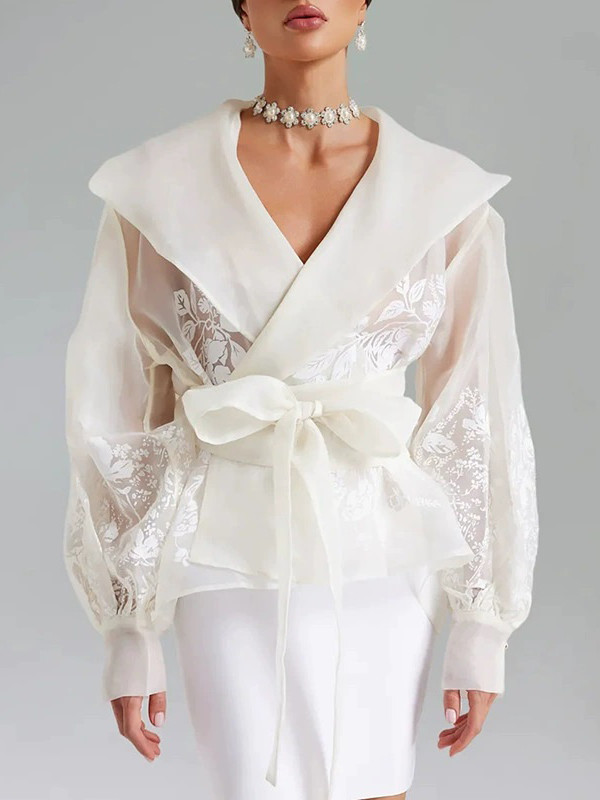 Retro Lapel Lantern Sleeve Lace-Up Printed Shirt