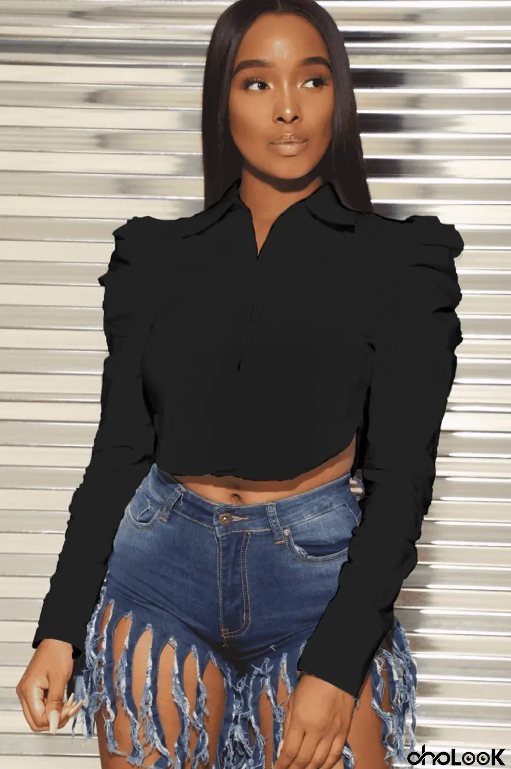 Autumn Black Puff Sleeves Short Blouse