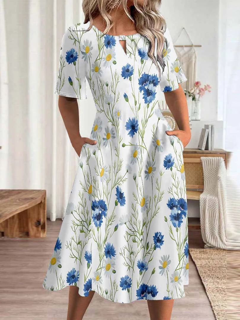 Women Floral,Blue DZHA8236 Short Sleeve Scoop Neck Graphic Printed Hollow Midi Dress
