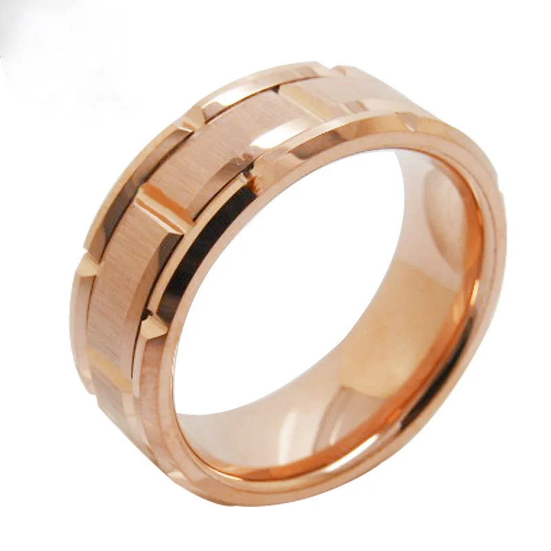Rose Gold Brick Pattern Women's Or Men's Tungsten Carbide Wedding Band Faceted Rings,Tungsten Rose Gold Brick Pattern Comfort Fit Grooved Ring Mens And Womens For 8MM