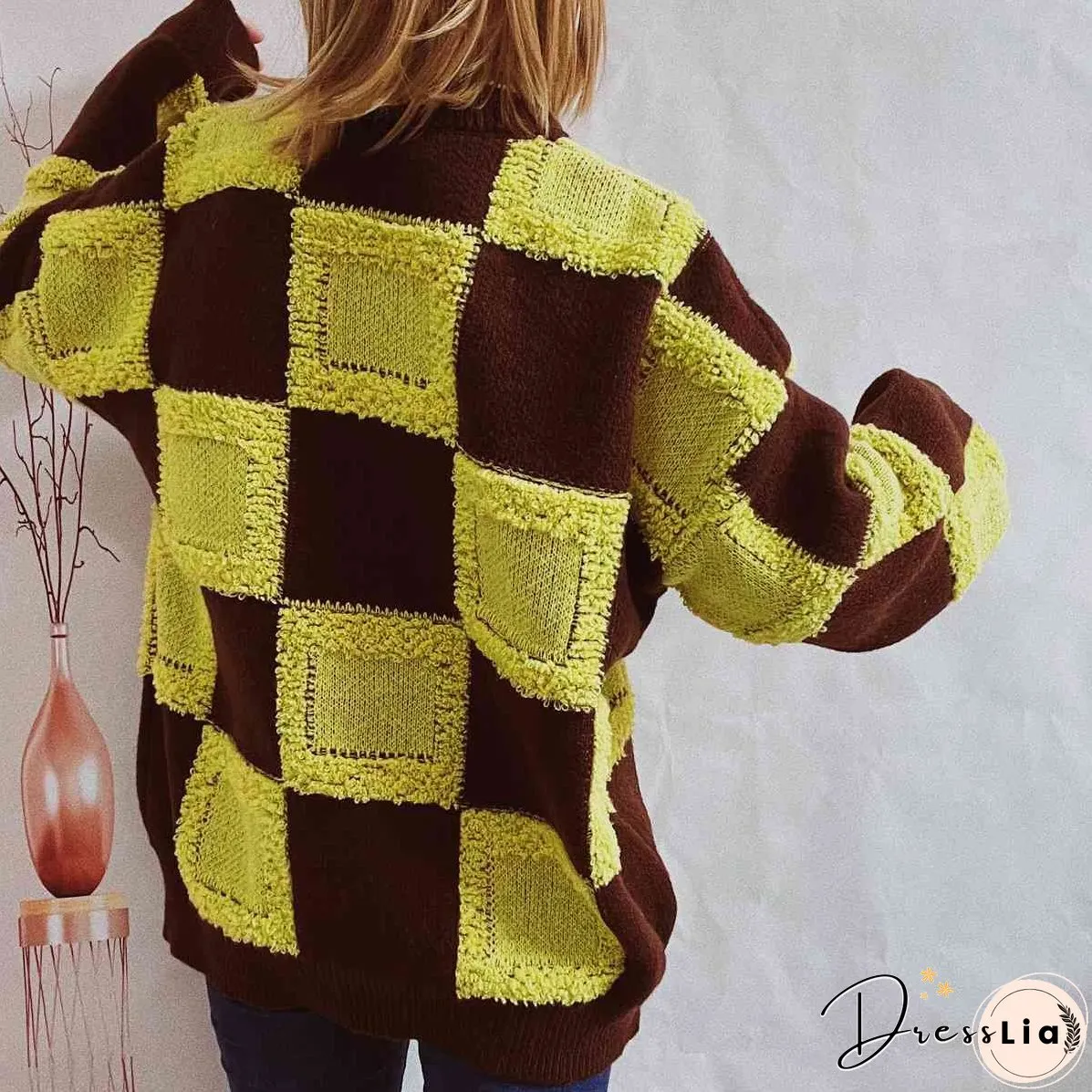 Checkered Round Neck Long Sleeve Sweater