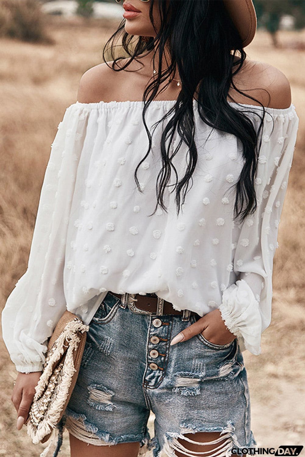 Off Shoulder Swiss Dot Blouse