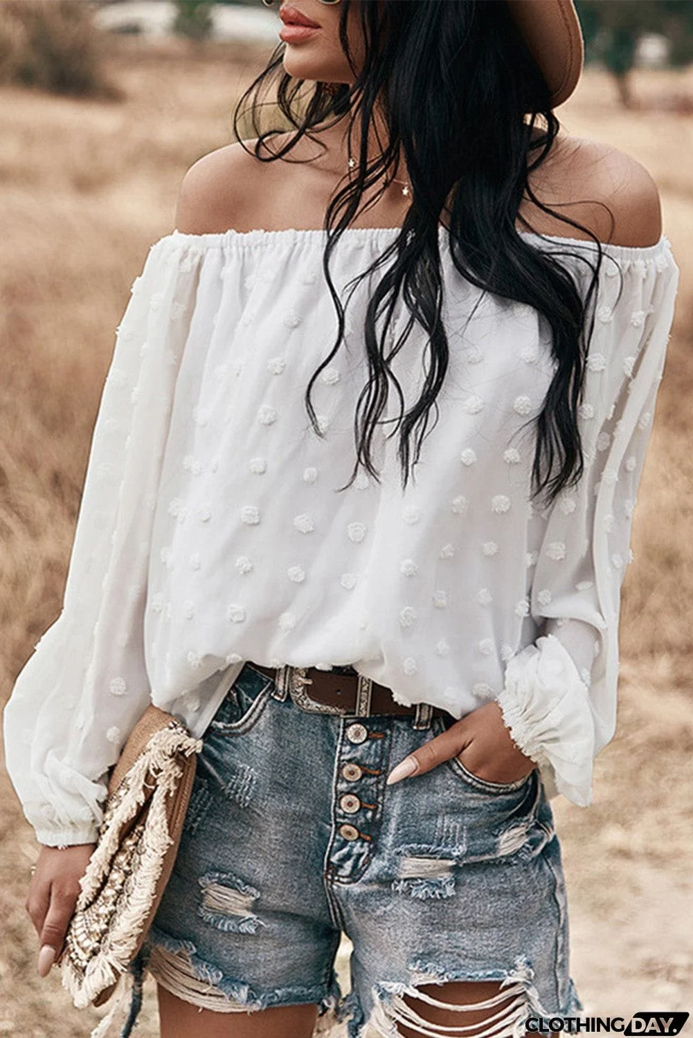Off Shoulder Swiss Dot Blouse