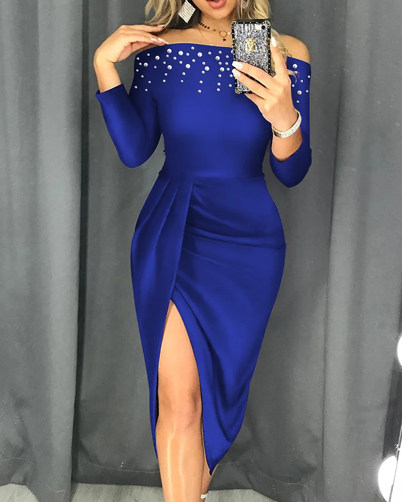 Uveng Uveng Shoulder Hot Diamond Solid Color Thin Temperament Commute Seven-Point Sleeve Mid-Rise Dress