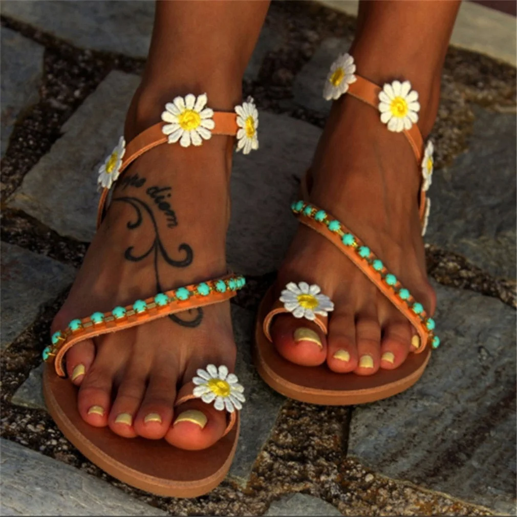 Women Sandals Summer Beach Slippers For Women Sandals Flip Flops Ladies Crystal Flat Pearl Flower Boho Casual Slippers Shoes
