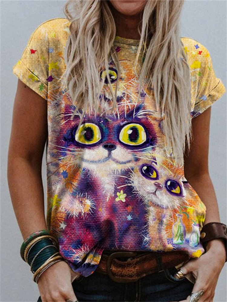 Comstylish Fuzzy Cats Painting Comfy T Shirt
