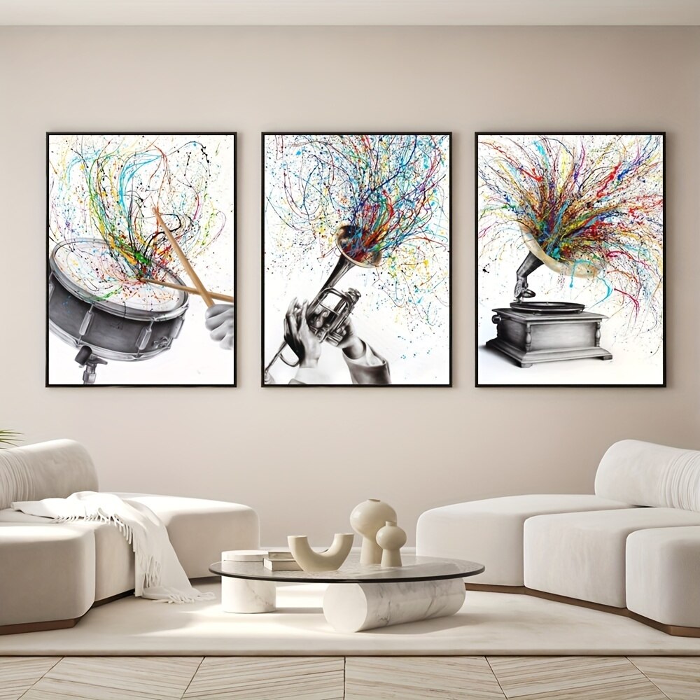 3pc Frameless Vintage Musical Instrument Colorful Graffiti Musical Note Abstract Canvas Painting Home Decor for Living Room