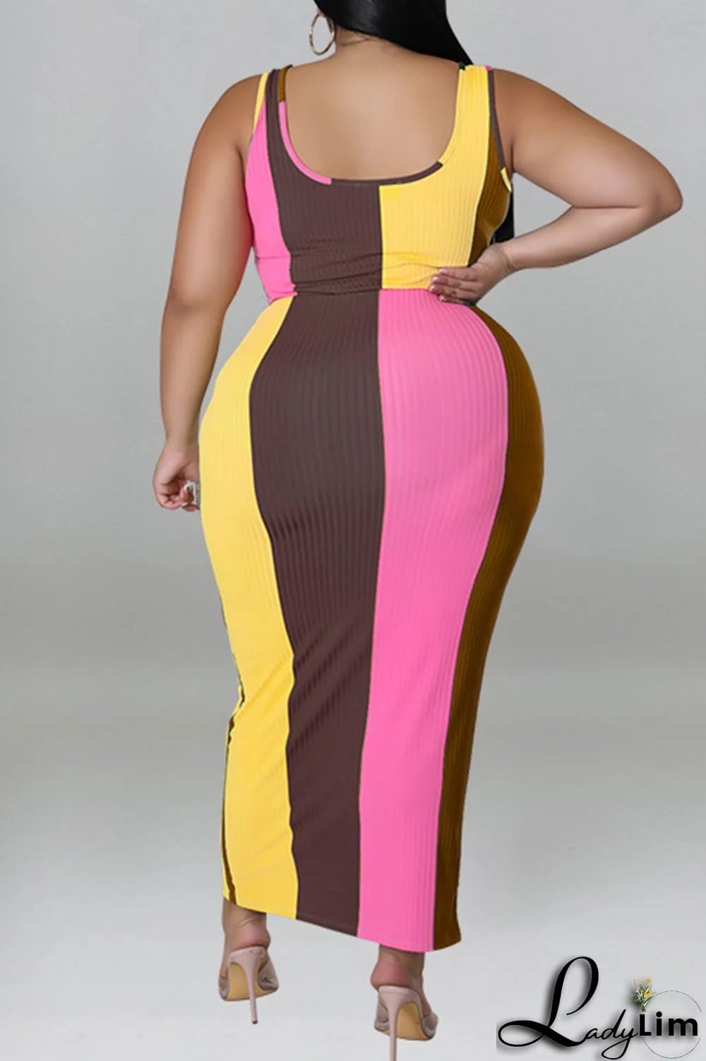 Blue Fashion Casual Striped Print Patchwork Contrast U Neck Plus Size Two Piece Set