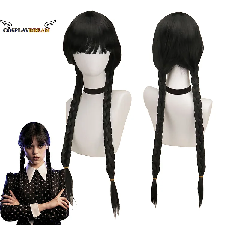 Movie Wednesday Addams Cosplay Wig Black Long Braids Hair Heat Resistant Synthetic Wigs with Bangs for Halloween Party
