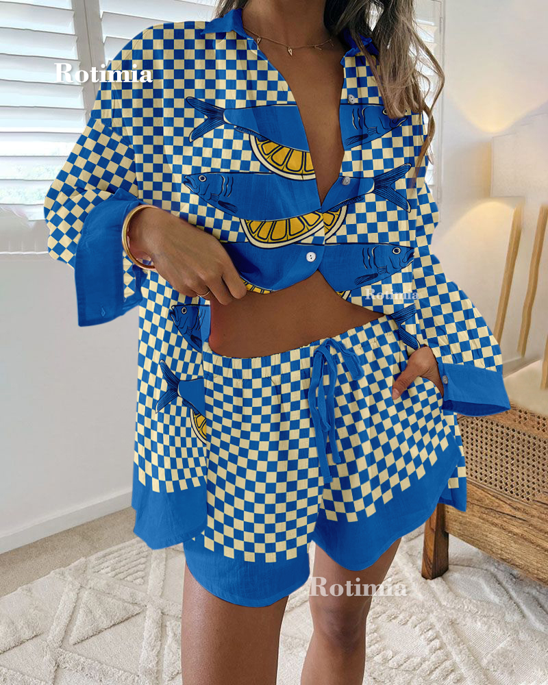 Plaid lemon fish print two-piece set