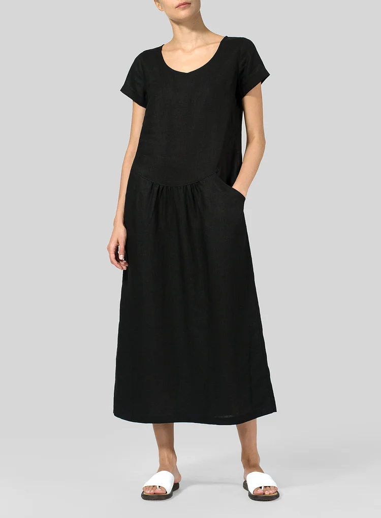 Womens Cotton And Linen Short Sleeve Pleated Slim Dress