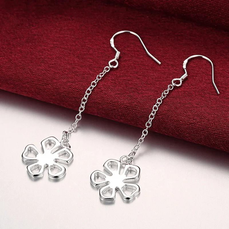 DOTEFFIL 925 Sterling Silver Flowers Long Drop Earrings For Woman Jewelry