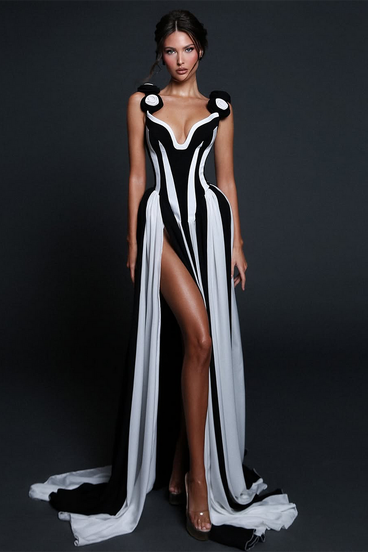 3D Floral Straps High Slit Colorblock Gowns Maxi Dresses-Black [Pre Order]