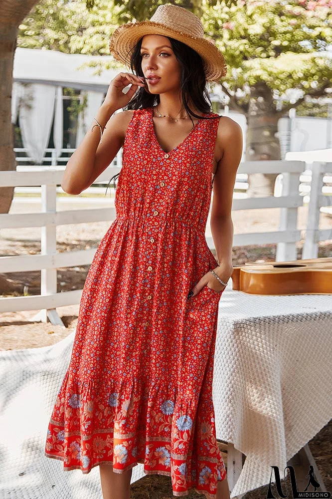 MidiSono - Bohemian V-Neck Printed Gathered Waist Midi Dress