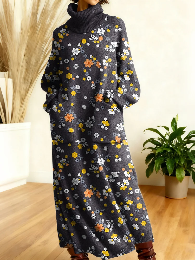 Women's Retro Flowers Geometric Patchwork High-neck Long-sleeve Casual Loose Knit Dress