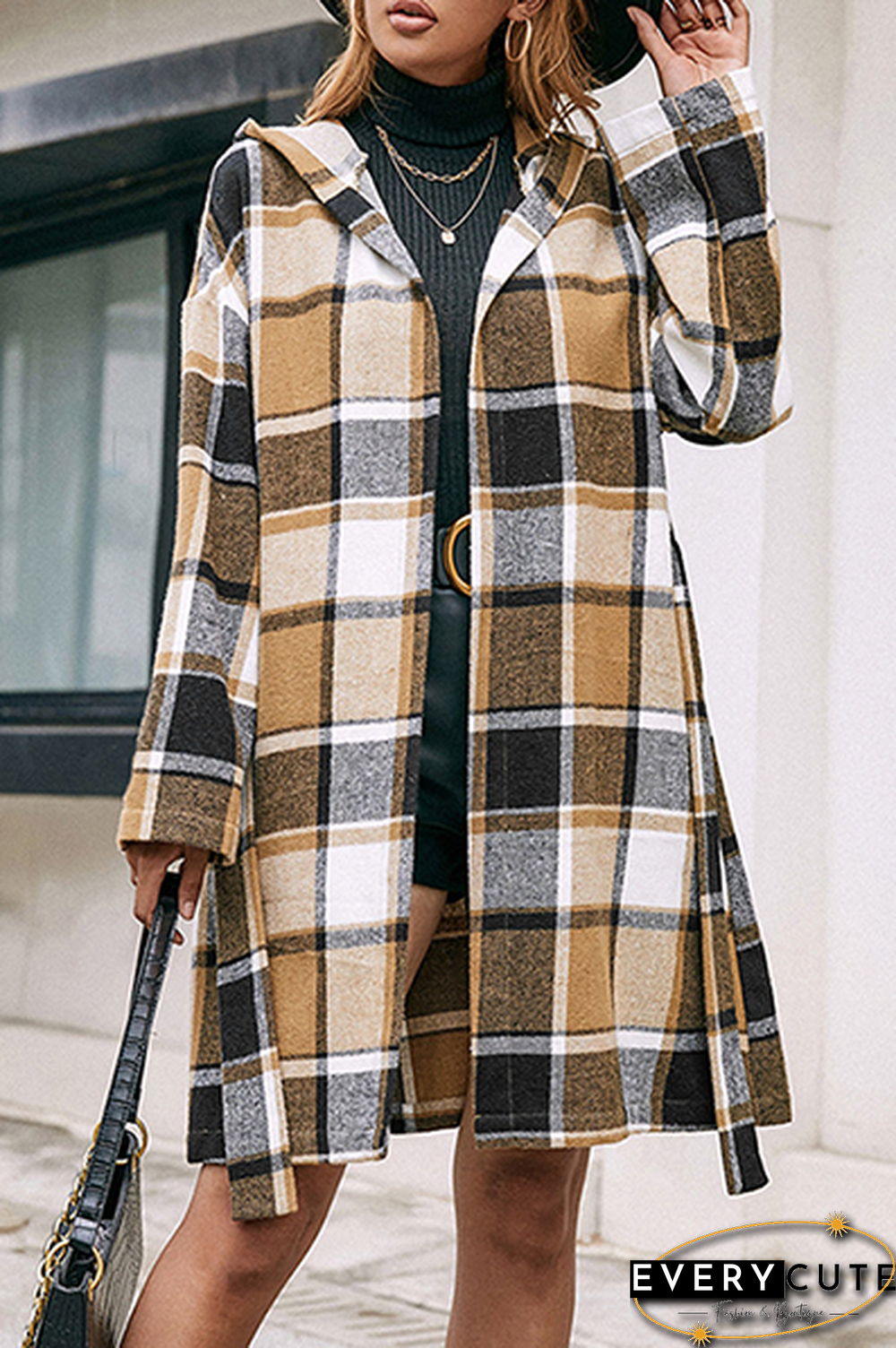 Fashion Elegant Geometric Pocket With Belt Hooded Collar Outerwear