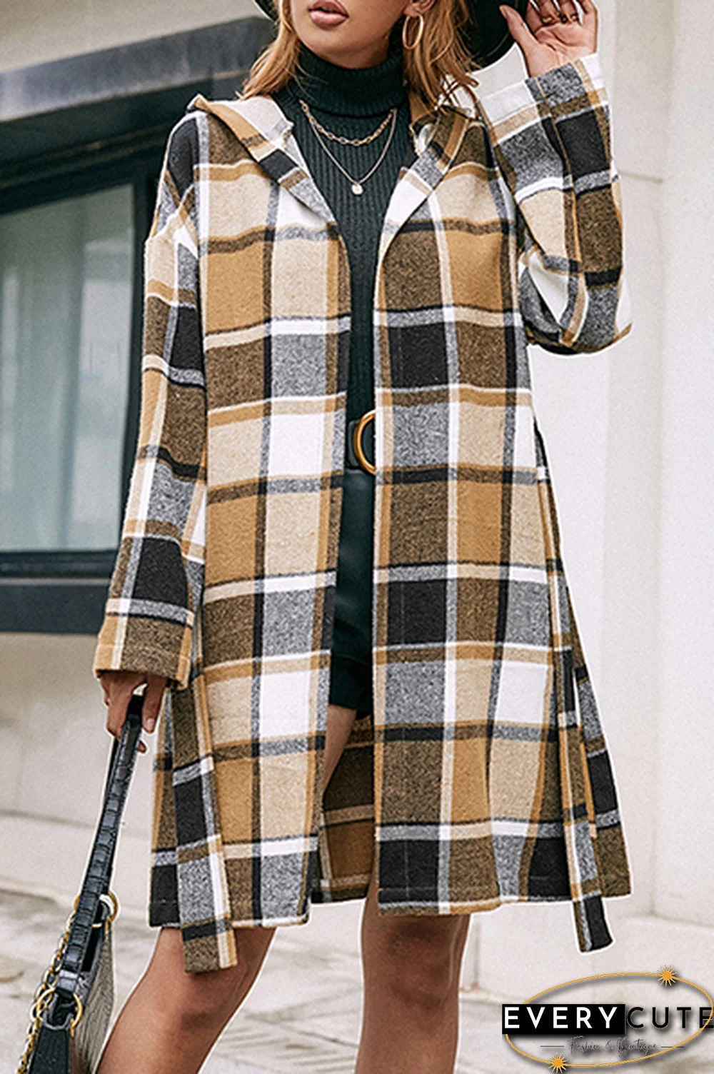 Fashion Elegant Geometric Pocket With Belt Hooded Collar Outerwear