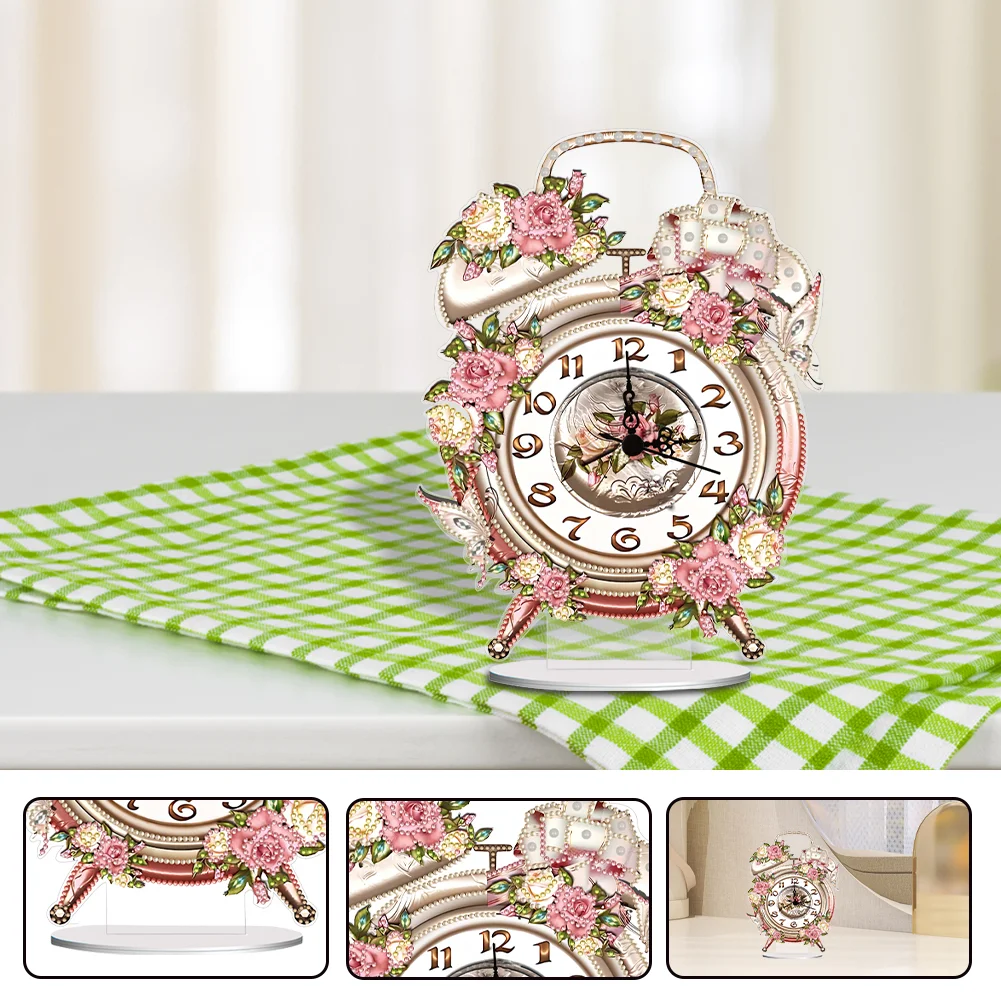 DIY Flowers Vintage Acrylic Special Shaped 5D Diamond Painting Clock Art Craft