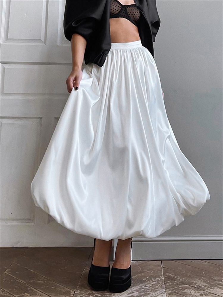 TARUXY Silk Satin White Maxi Skirt Long Ruffled Pleated Skirts Elegant Lantern Pants A-Line Silk Long Skirts For Women 2023 New