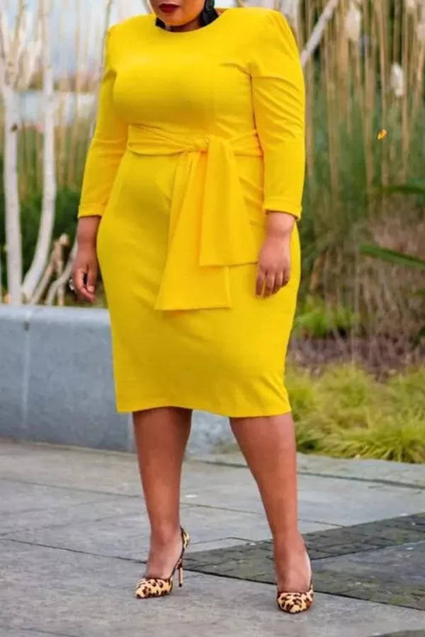 Plus Size Yellow Elegant Midi Dress