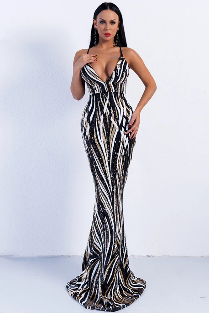 Chic Spaghetti-Straps V-Neck Sequins Mermaid Long Prom Dress - lulusllly