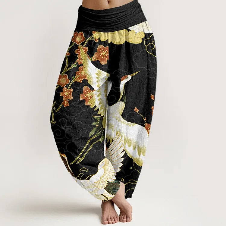 Cotton Cranes Flowers Auspicious Clouds&nbsp;pattern Women's Elastic Waist Harem Pants